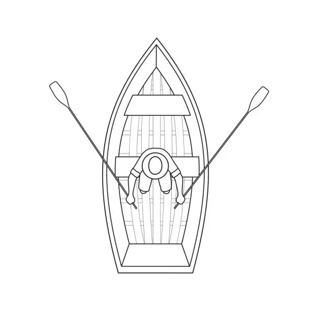 Vector illustration of The man fisherman in the boat top view outline illustration isolated on white background. Vector eps10