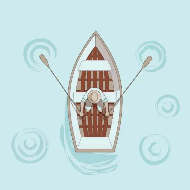 Vector illustration of The man fisherman in a wooden boat on water, view from above. Vector eps10