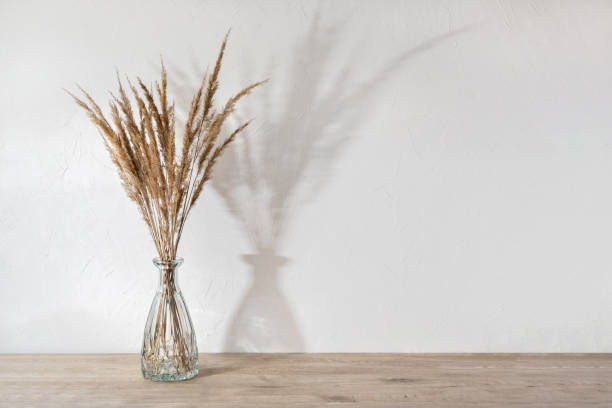 Minimalist aesthetic neutral home room interior design template, white concrete wall and neutral beige wooden table with vase and meadow flower bouquet, empty background with copy space