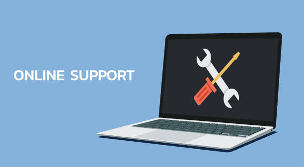 laptop computer with wrench and screwdriver on screen vector art illustration