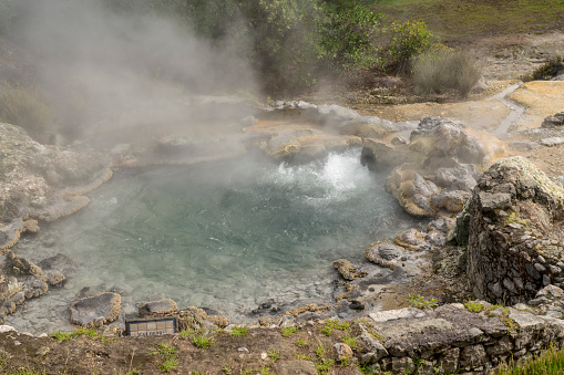 Very hot calderas,Steam venting, hot springs of the lake Furnas, Sao Miguel, Azores.