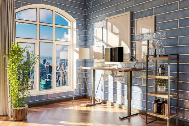 istock modern standing desk pc workplace in daylight downtown skyline office; home decoration desing and home office concept; 3D Illustration 1495436752