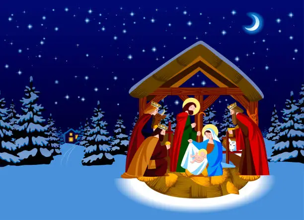 Vector illustration of Christmas scene of the Nativity of Christ and the Adoration of the Magi in a night winter forest