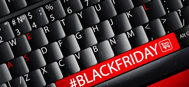 Vector illustration of The concept of seasonal sales in a modern style. Black Friday. Discount computer or laptop keyboard. Close-up. Creative tech poster or banner for marketing and advertising.