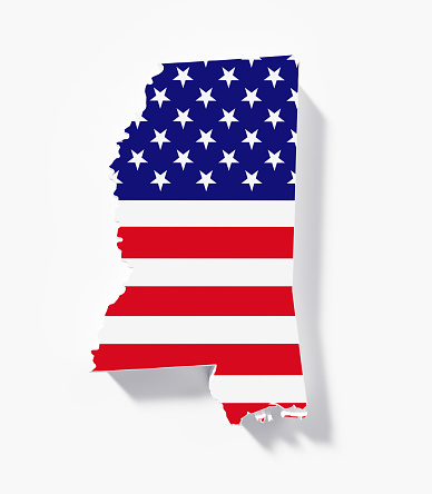 State border of Louisiana textured with American flag on white background.