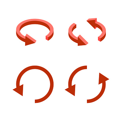 3d Update symbol. Isometric arrows red icon. Reload, refresh or upgrading concept. Vector illustration isolated on white background.