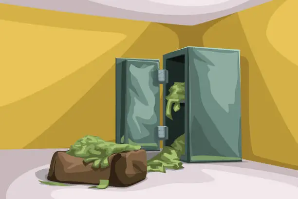 Vector illustration of bank safe opened with cash