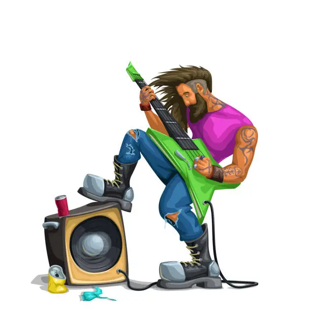 Vector illustration of hard rock guitarist playing on white