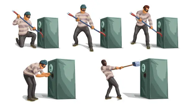 Vector illustration of thief openning bank safe set