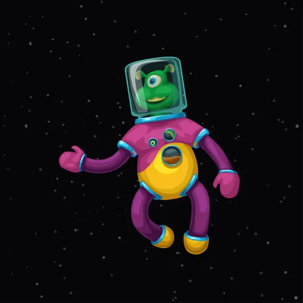 Vector illustration of cartoon alien wearing spacesuit in space