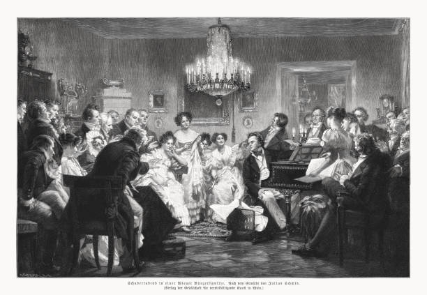 Schubertiade (also known as Schubertabend). Wood engraving after a painting (1897) by Julius Schmid (Austrian painter, 1854 - 1935), published in 1899.
