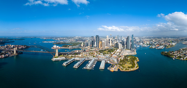 Aerial panoramic view of Sydney CBD and Sydney Harbour