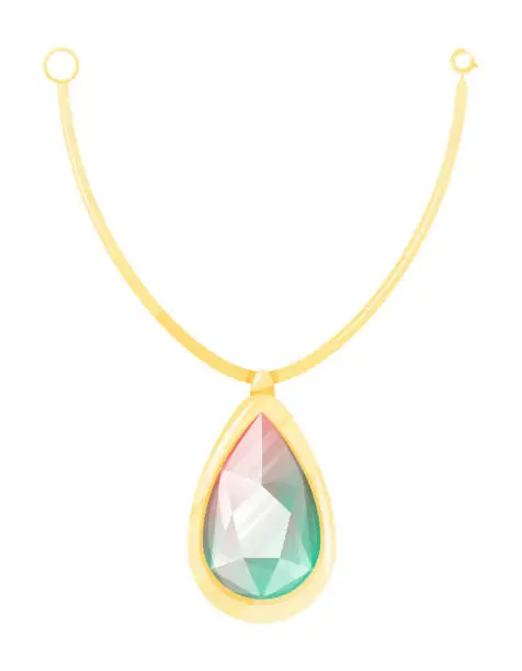 Vector illustration of Golden necklace with realistic shining gemstone, teardrop shaped emerald. Vector isolated female chain, royal jewelry.