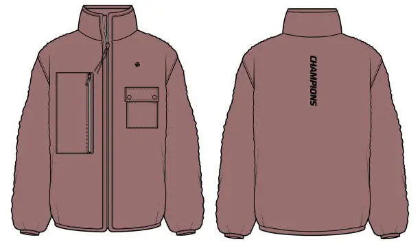 Vector illustration of Long sleeve Fleece jacket design flat sketch Illustration, jacket with Zipper front and back view, Anorak winter jacket for Men and women. for training, Running and workout in winter.