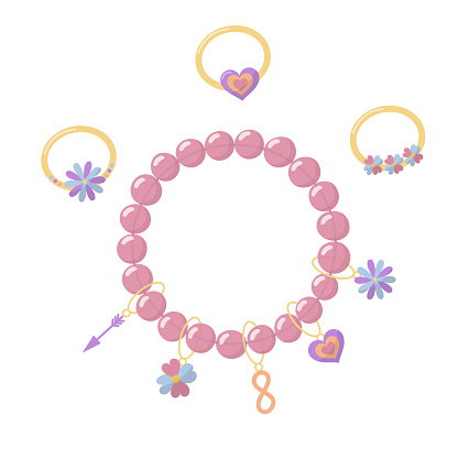 Collection of vector jewelry and children's ornaments. Bracelet made of handmade plastic beads with flower pendants, a heart and an arrow, a sign of infinity. Summer fashion colorful rings.