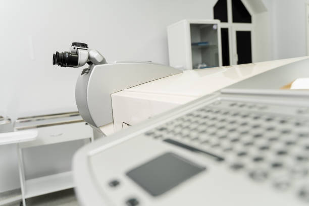 istock Excimer laser for eye surgery to reshape the front surface cornea of eyes for focus better. Laser vision correction involves using lasers to correct cataract. 1495449839