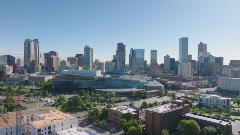 Aerial view of Denver Colorado city skyline on beautiful sunny clear day