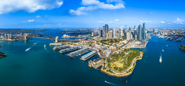 Aerial panoramic view of Sydney CBD and Sydney Harbour, Walsh Bay and Darling Harbour