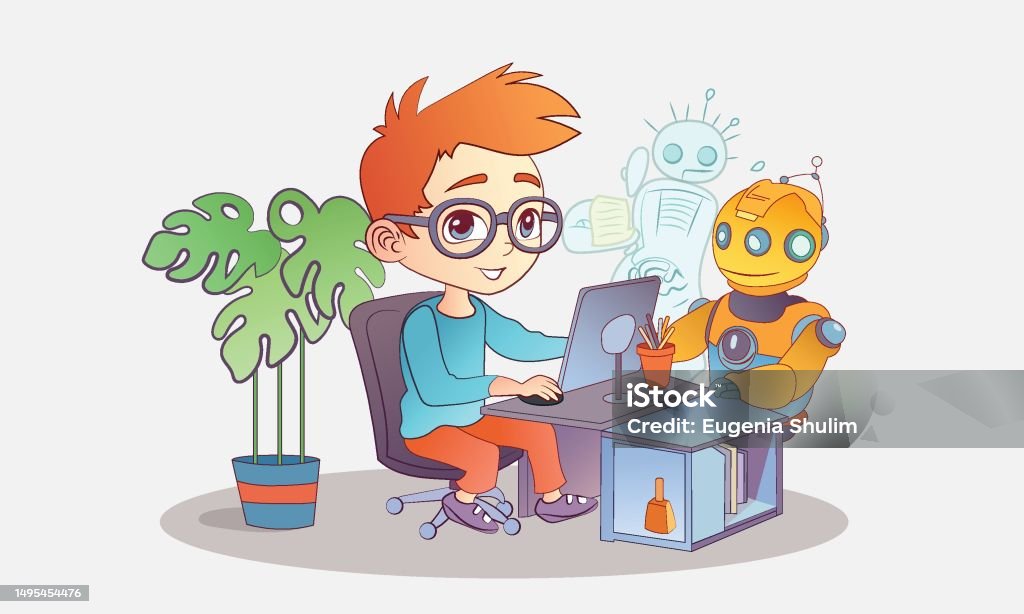 Boy Assembling And Programming Robot Young Engineer Character Working ...