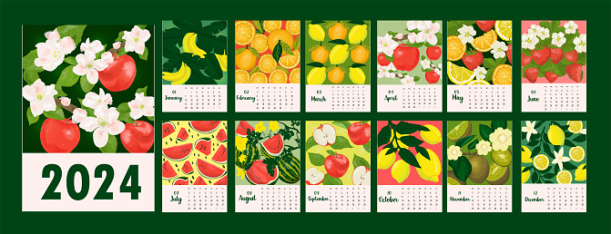Calendar template for 2024. Vertical design with fruits and berries. Illustration page A4, A3, set of 12 months with cover. Week starts on Sunday.