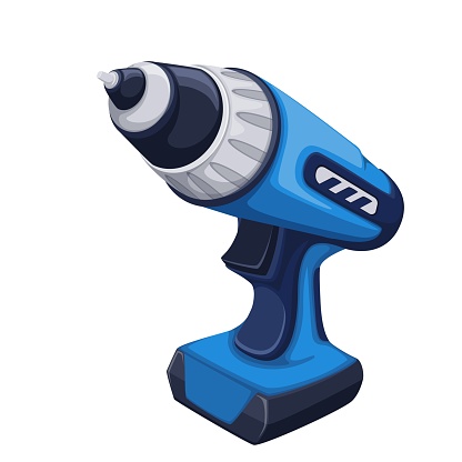 Electric cordless screwdriver vector illustration. Cartoon isolated drill power machine with battery for construction and repair works in industry, blue screwdriver hardware from handymans diy toolbox
