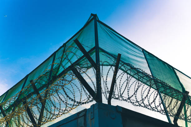 istock Barbed wire on the fence around an abandoned building 1495471413