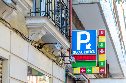 Madrid, Spain - October 5, 2021: Entrance to a parking in Madrid, Spain