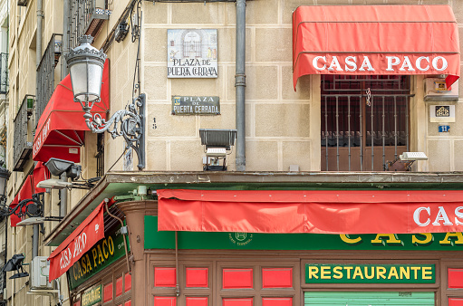 Madrid, Spain - October 4, 2021: Facade of Casa Paco, traditional restaurant in Madrid, Spain