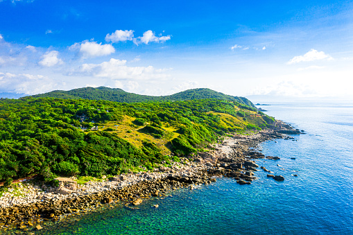 Drone view of A seascape of Tap Mun or Grass Island where is located in Sai Kung