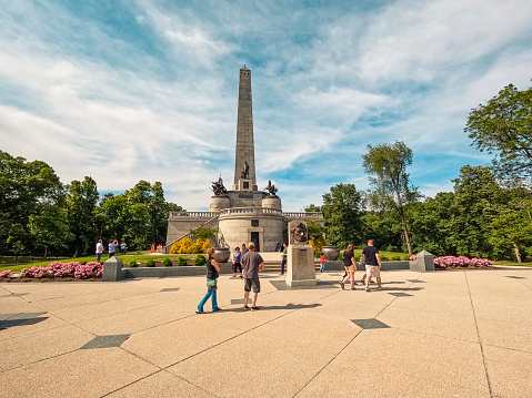 Springfield, Illinois, USA, May 27, 2023, Tourists visit Abraham Lincoln's Tomb, located within Oak Ridge Cemetery in Springfield, Illinois USA. This is the location of the final resting place of Abraham Lincoln, his wife, Mary and three of their four sons.