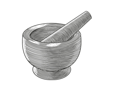 Mortar and pestle vintage vector engraving illustration. Logo of pharmacy and medicine inspiration for your brand or company.