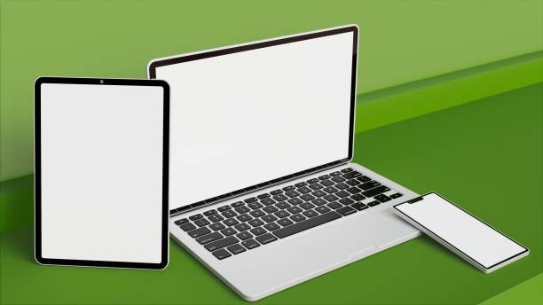 Digital devices template. Laptop, cell phone and tablet on green stage, technology theme, 3d render