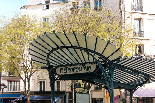 Paris : Metro entrance in art nouveau style. Station at Chatelet is one of the most beautiful metro entrance, near Rue de Rivoli. Paris, France. April 9, 2023.