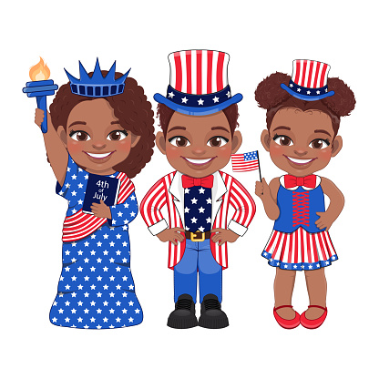 American Black Children Portrait Celebrating 4th Of July Independence Day with Costume, Holding Flags, Wearing Uncle Sam Hat, Statue of Liberty Vector