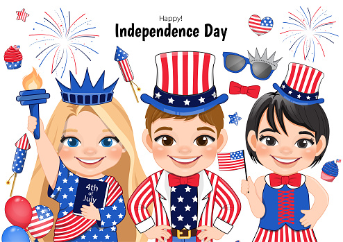 American Children Portrait Celebrating 4th Of July Independence Day with Costume, Holding Flags, Wearing Uncle Sam Hat, Statue of Liberty Vector