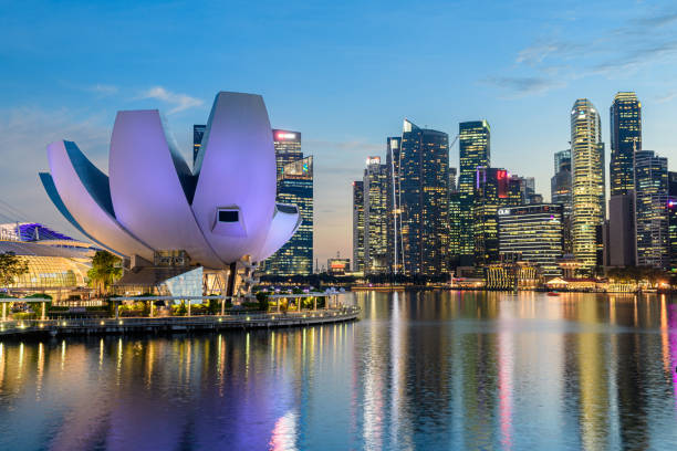 singapore conosciuta anche come lion city, ha molti edifici all'avanguardia sul suo skyline - singapore street business sky foto e immagini stock