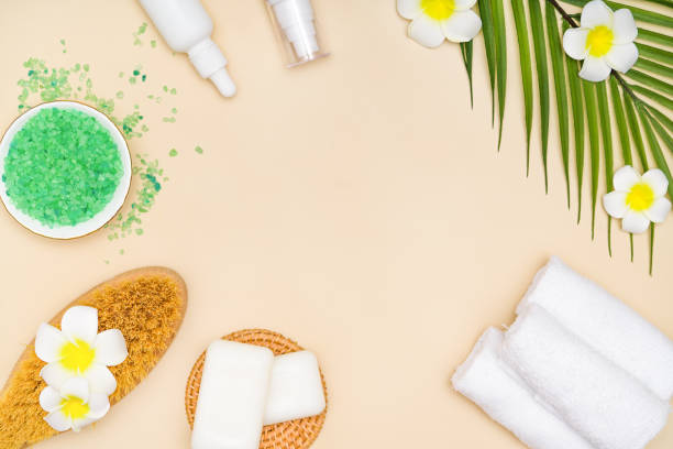 istock Spa cosmetic products concept. Spa background with space for text. Flat lay, top view 1495501907