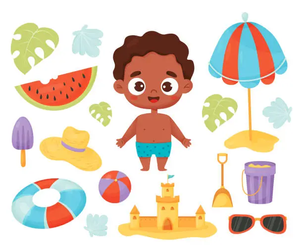 Vector illustration of Collection kids summer time. Happy ethnic boy with beach accessories, rubber circle, sun umbrella, sand castle, watermelon, straw hat and seashells. Isolated Vector illustration in cartoon style.