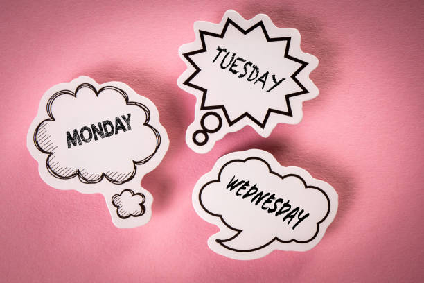 istock MONDAY TUESDAY WEDNESDAY. Speech bubbles with text on pink background 1495506985