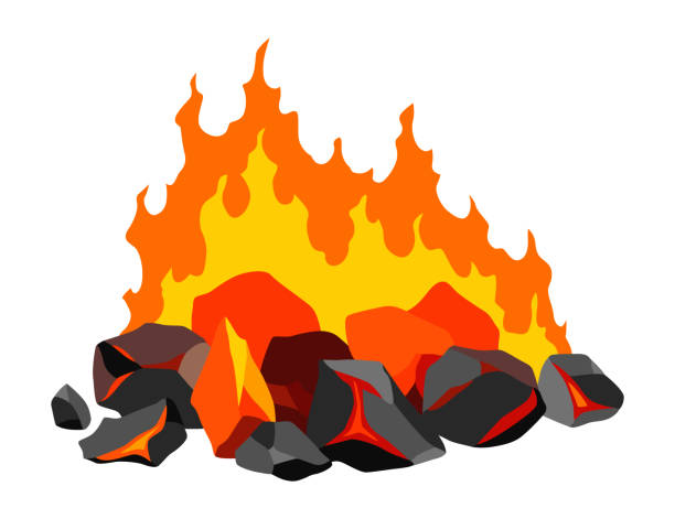 kohle verbrennen. realistisches helles flammenfeuer auf kohlehaufen. nahaufnahme vektorillustration für grillflammenkamin, heißes kohle- oder glühendes kohlebild - campfire coal burning flame stock-grafiken, -clipart, -cartoons und -symbole