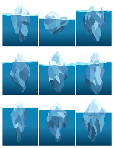 Icebergs floating in water. Arctic glacier set. Futuristic polygonal illustration on blue background. Huge white blocks of ice drifts with massive underwater part.