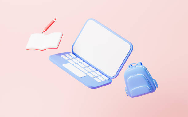 istock Cartoon schoolbag and laptop on the pink background, 3d rendering. 1495514887