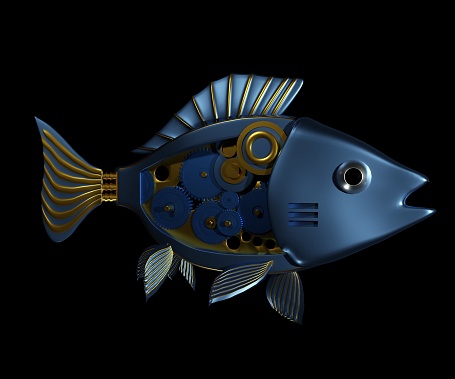 Isolated robotic fish with mechanical gears inside of it. A robot fish is a type of bionic robot that has the shape and locomotion of a living fish 3d rendering