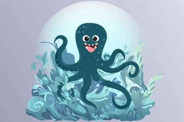 Vector illustration of cute and scary octopus monster vector illustration with sea waves as a background