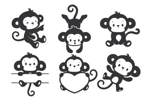 Vector illustration of silhouette of a naughty little monkey cute animal cartoons for kids