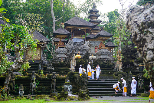 Bali, Indonesia - May 19, 2023: Gunung Lebah Hindu Temple in Ubud, Bali. Hindus carry out religious ceremonies.