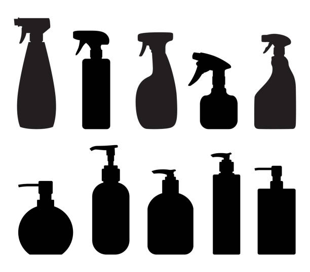 ilustrações, clipart, desenhos animados e ícones de silhuetas da garrafa do spray e da bomba - bottle symbol cleaning computer icon