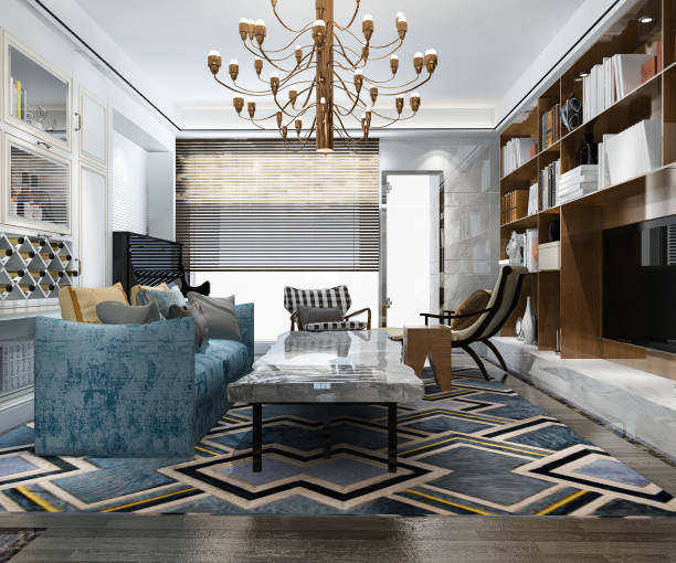 istock 3d rendering wood classic living room with marble tile and bookshelf and sofa 1495530271