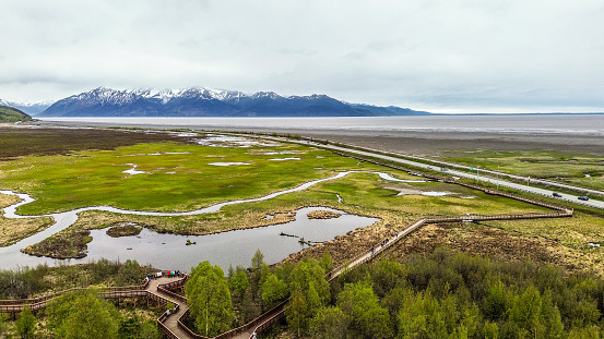 Picture was taken at Potter’s Marsh near Anchorage, Alaska. This is a wetland for birds.  Many come and enjoy looking for various birds, animals, and foliage. View from a drone flying above the area.