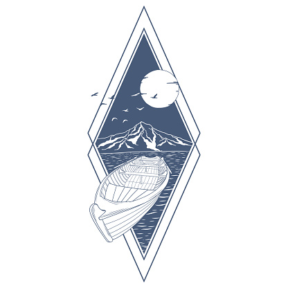 Hand drawn geometric travel badge with mountains silhouette, travel boat, full moon and birds. Wanderlust. Adventure. Vector isolated illustration for t-shirt design, posters, stickers, tatoo, logo